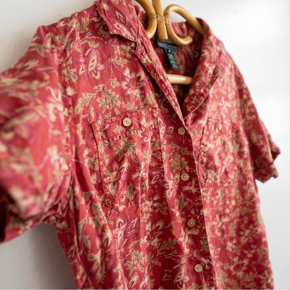 Ralph Lauren Floral Button Down Shirt | Red Vintage Print | Roll Tab Sleeve